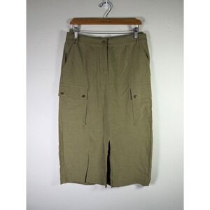 Caroll Paris Olive Green Cargo Midi Skirt Lyocell Linen Blend Front Slit Sz 40